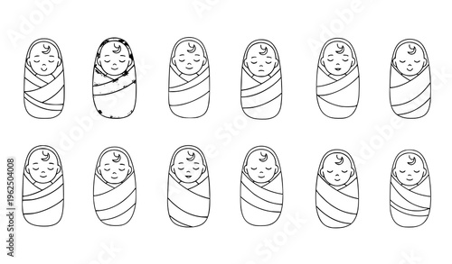 Newborn baby icon set in pastel blankets cute sleeping infant vector collection minimalist flat design