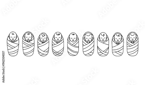 Minimal line art newborn baby wrapped in blankets vector icon set modern infant illustration collection