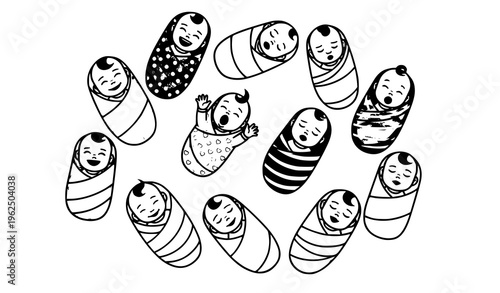 Cute newborn baby characters wrapped in blankets circular composition vector icon set for nursery design