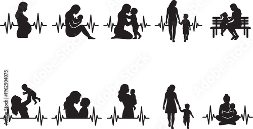 Silhouettes of people performing various activities against a mountain backdrop hiking