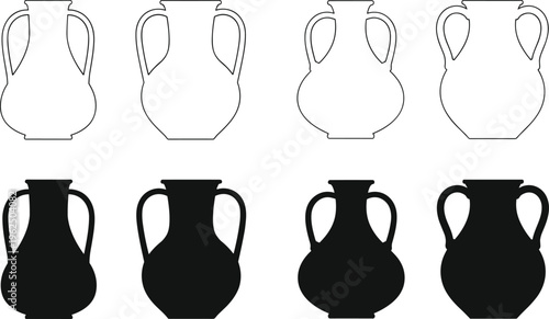 Black and white ancient greek vase silhouettes and line antique amphora