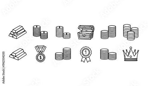 Line art gold icons black and white finance and treasure outline symbol vector set