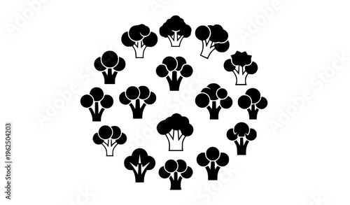 Geometric broccoli icon collection black and white vegetable symbols modern flat vector design set