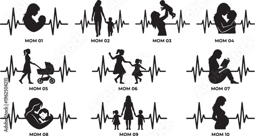 Silhouettes of people performing various activities and jobs in monochrome black and white