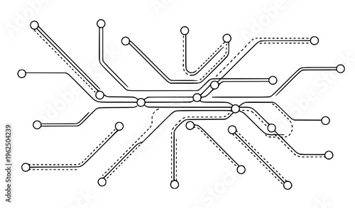 Metro transit route network icons black and white subway map flow symbols vector illustration set