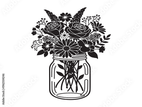 Charming bouquet in mason jar silhouette with rustic appeal 