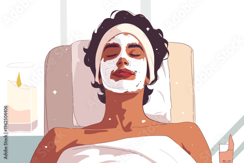 indian man relaxing with a luxurious facial mask spa isolated vector style