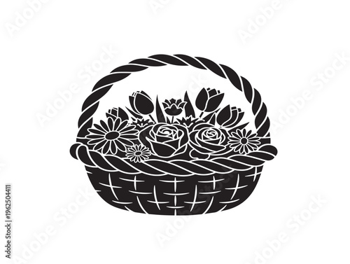 Elegant floral basket silhouette filled with lush blooming flowers 