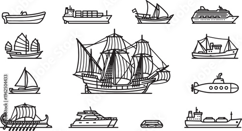 Collection of black line of various watercraft including a sailboat a cruise ship a cargo ship a submarine and a pirate ship also transparent background