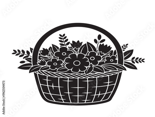 Decorative flower basket silhouette with abundant blooming arrangement 