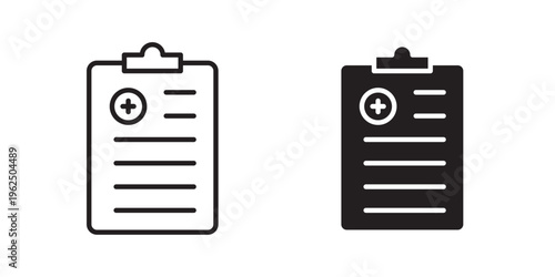 Medical report icon designed in black stroke and fill styles, isolated on a white background. Ideal for healthcare, patient records, and medical documentation concepts.