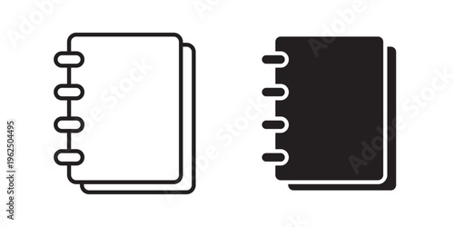 Notebook icon designed in black stroke and fill styles, isolated on a white background. Ideal for education, writing, and note-taking concepts.