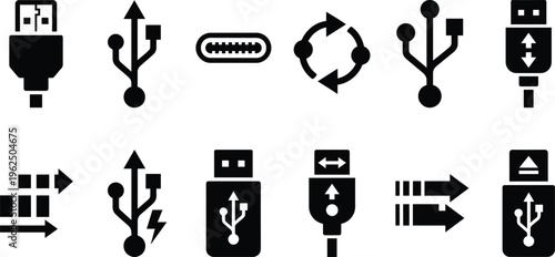 USB and Data Transfer Solid Icon Set with Charging Cable, Sync, Upload, Download, Connection Ports, and Digital Technology Interface Symbols