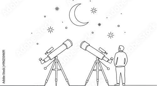 man looking at stars with telescope at night