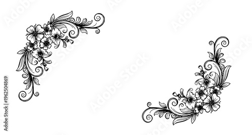 Decorative floral lace corner border vector with leaves flowers and swirl elements modern ornamental design isolated on white