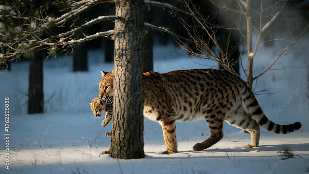 mother-leopard-carrying-cub-through-snowy-forest-environment-large-cat