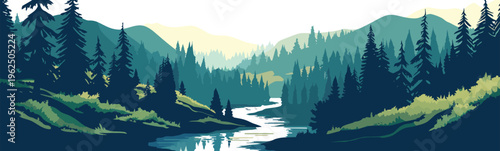 Scenic River Through Forested Hills isolated vector style