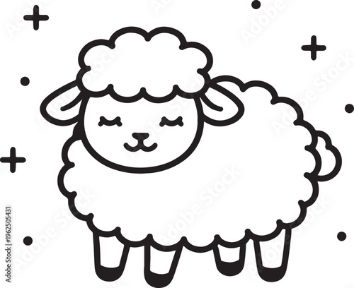 Simple black line of a cute sheep with closed eyes and fluffy wool surrounded by dots and crosses also transparent background