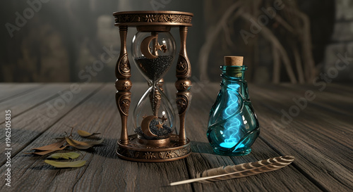 Antique hourglass and glowing potion bottle with quill on rustic wooden table fantasy concept for time and magic detailed steampunk illustration