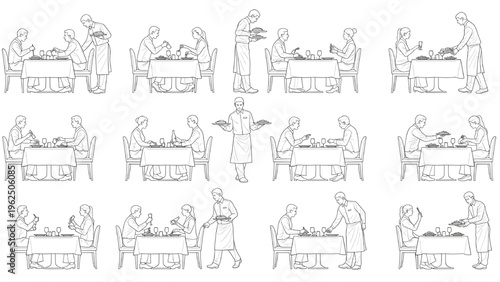 Restaurant Dining Human Figures, Seated Eating, Waiter Serving, CAD Architectural Blueprint Thin Line Drawing