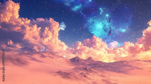 Fantasy landscape crystal formations and nebula sky in digital illustration