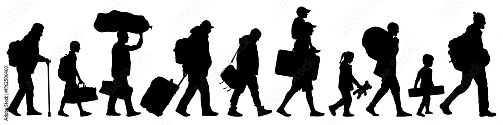 Fototapeta premium Group of people walking, refugees with personal belongings. Migrants, the resettlement of people. Side view. Set of isolated people. Vector silhouettes