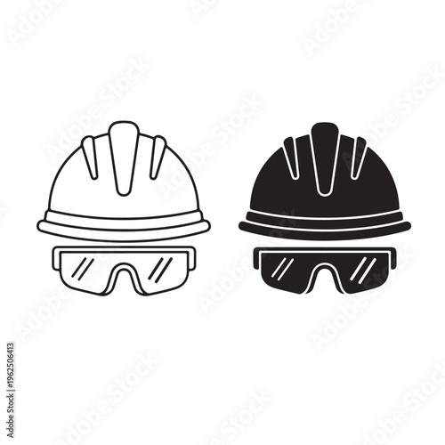 Minimalist Hard Hat and Safety Goggles Icon Set – Outline and Glyph Style
