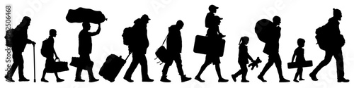 Group of people walking, refugees with personal belongings. Migrants, the resettlement of people. Side view. Set of isolated people. Vector silhouettes