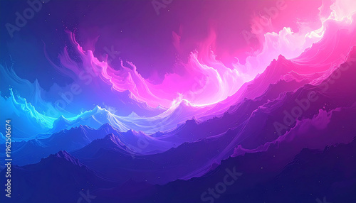 Abstract Mountain Range with Neon Pink and Blue Clouds and Peaks