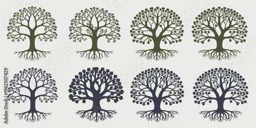 Collection of Stylized Tree Silhouettes with Visible Roots