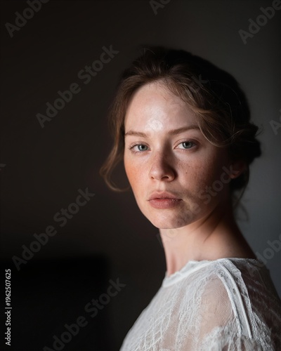 Eye-level portrait of a muse in a lace dress with skin becoming the same pattern as the fabric