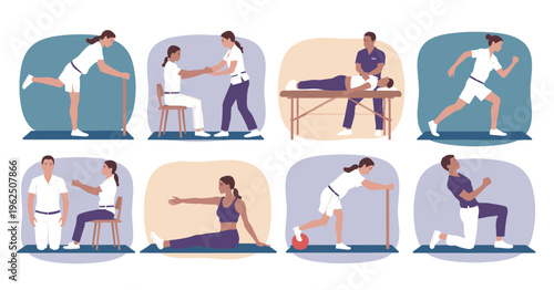 Physical therapy exercises and patient care illustrations