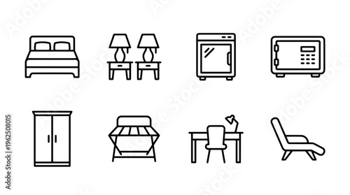 Furniture icons set bed lamps safe wardrobe chair desk and lounge elements
