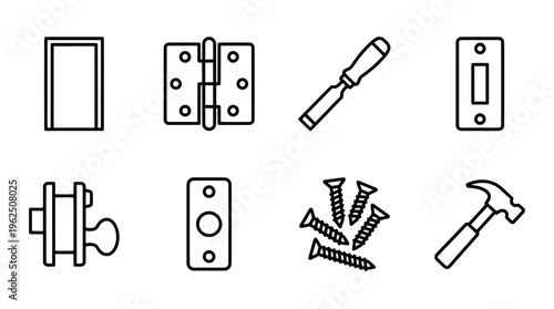 Hardware icons door hinges chisel switch knob screws hammer isolated