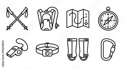 Hiking equipment icon set compass map backpack and more outdoors gear