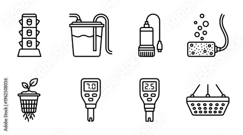 Hydroponic equipment icons vector outlines for cultivation and gardening
