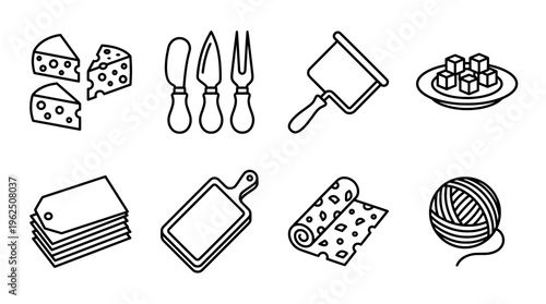 Illustrated food and kitchenware collection with cheese knives and cutting board