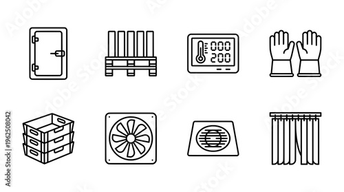 Industrial icons door pallet thermometer gloves boxes fan vent curtain