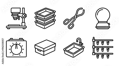 Isometric photography tools illustration with camera timer and developing trays