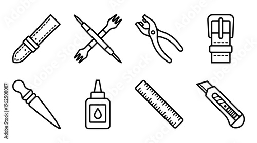 Leather crafting tools collection in simple line art style isolated on white