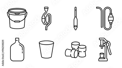 Essential home brewing equipment illustrated icons for craft beverages