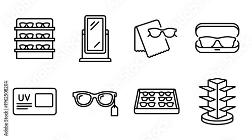 Eyewear icons stylish spectacles and accessories for vision and eye care