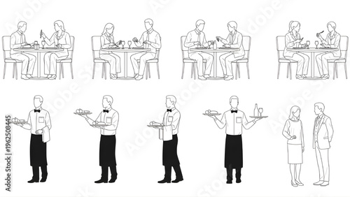 Restaurant Dining Human Figures, Seated Eating, Waiter Serving, CAD Architectural Blueprint Thin Line Drawing