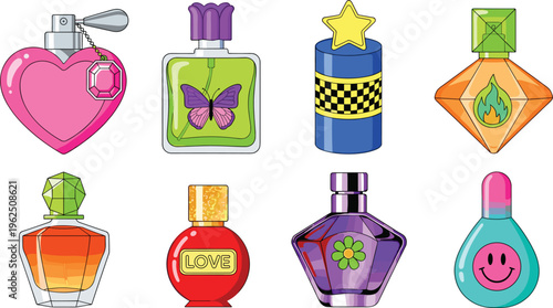 Colorful Perfume and Fragrance Bottle Icon Set with Unique Designs Including Heart, Butterfly, Star, and Smiley Face Symbols for Beauty Branding and Cosmetics Packaging