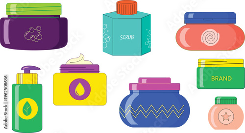 Colorful Skincare Cosmetic Jar and Bottle Icon Set with Moisturizing Cream, Pump Dispenser, and Beauty Product Containers for Organic Branding and Wellness Packaging Designs