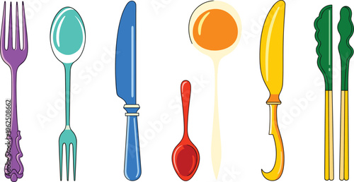 Colorful Vector Cutlery Icon Set Featuring Stylized Fork, Spoon, Knife, Ladle, and Kitchen Utensils for Restaurant Menus, Cooking Blogs, and Food Industry Graphic Design