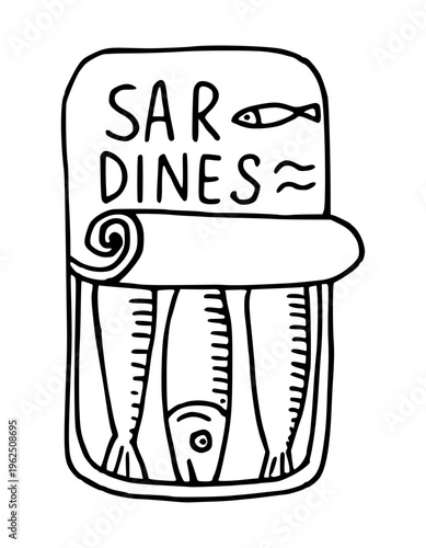 Open sardines tin contour sketch in hand drawn doodle style. Vector outline illustration for food design. Black line art of canned fish. Design element for packaging and label.