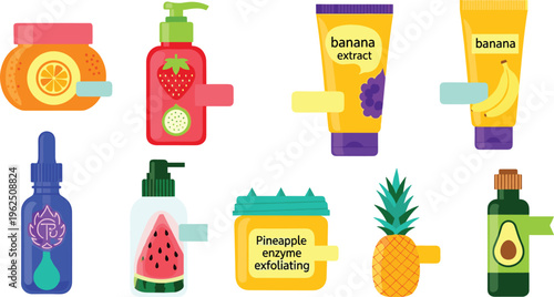 Fruit Based Organic Skincare Product Icon Set with Natural Cosmetic Tubes, Jars, and Serum Bottles for Tropical Beauty Branding, Wellness, and Skin Care Packaging Designs