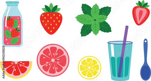 Fresh Summer Fruit Drink Icon Set with Strawberry, Mint Leaves, Citrus Slices, Juice Bottle, and Glass for Healthy Lifestyle Organic Beverage Graphic Designs