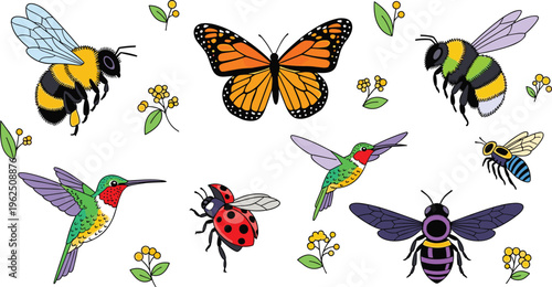 Garden Pollinator Icon Set with Monarch Butterfly, Honey Bees, Hummingbirds, and Ladybug Illustrations for Nature Conservation, Biodiversity, Spring Flowers, and Wildlife Education Designs